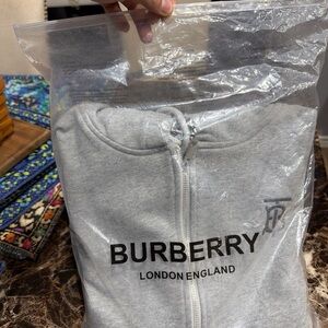 Burberry Light Gray Hooded Zip Sweatshirt with Front Zip